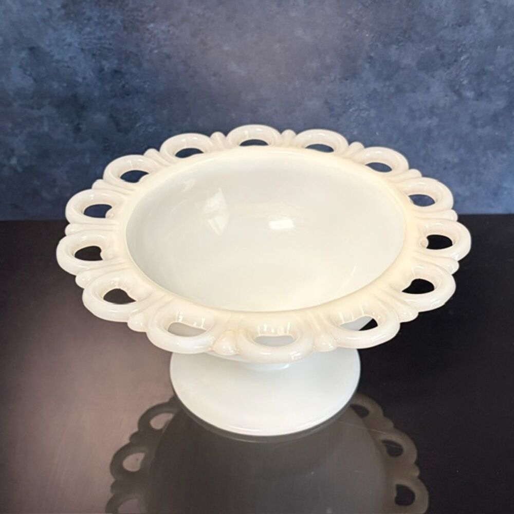 Vintage Milk Glass Pedestal Compote 7 In Open Lace Heart Rim Bowl